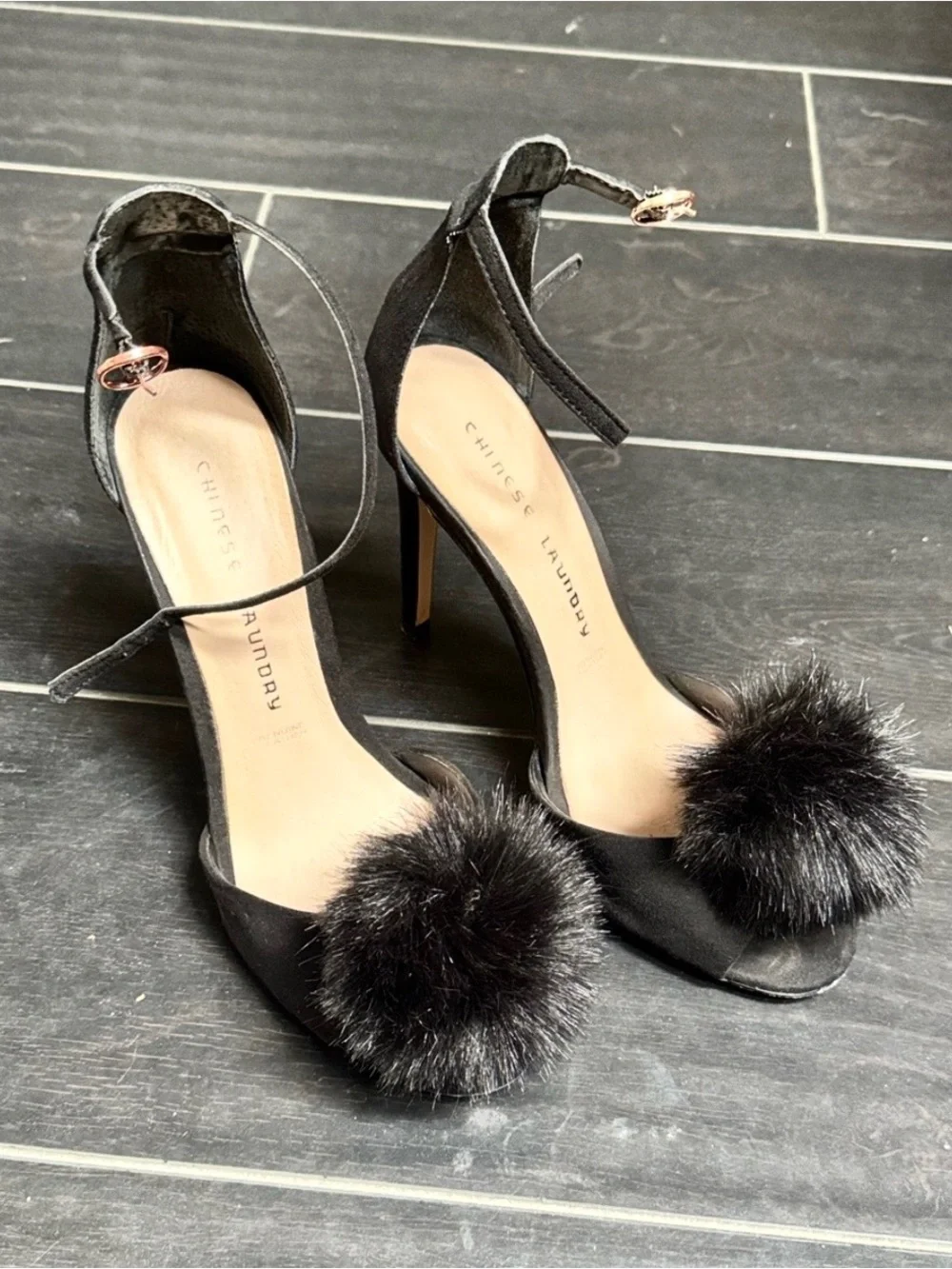 Chinese Laundry Black Ankle-Strap Heels with Pom-Pom